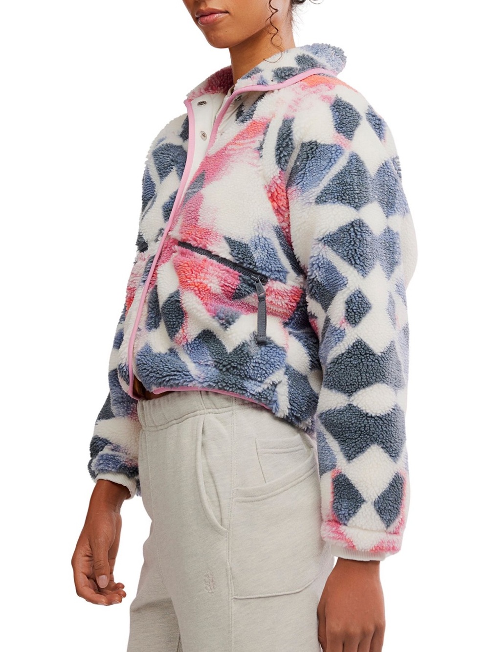 FP Movement Fleece Jacket Snap Front Cropped Slouchy Sherpa Pink Blue XS NWT - Picture 8 of 11